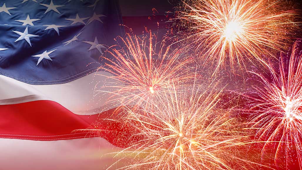 American flag and fireworks, banner design. Independence Day of Fourth of July fireworks